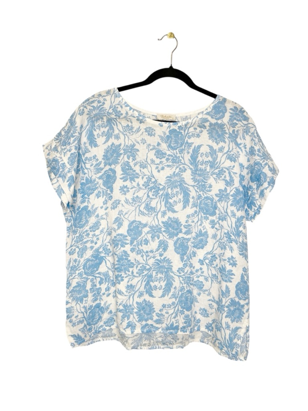 Bellambra 100% Linen white and blue floral Print Oversized Top size Small